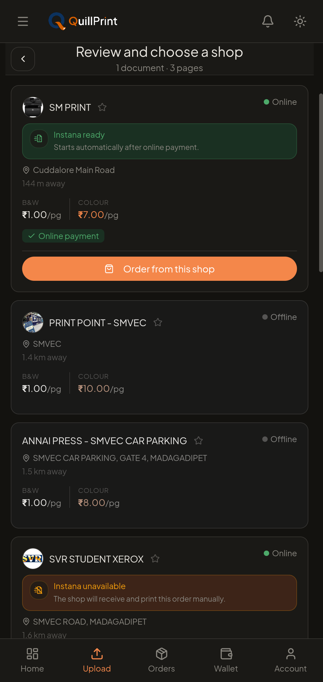 QuillPrint Choose a shop screen