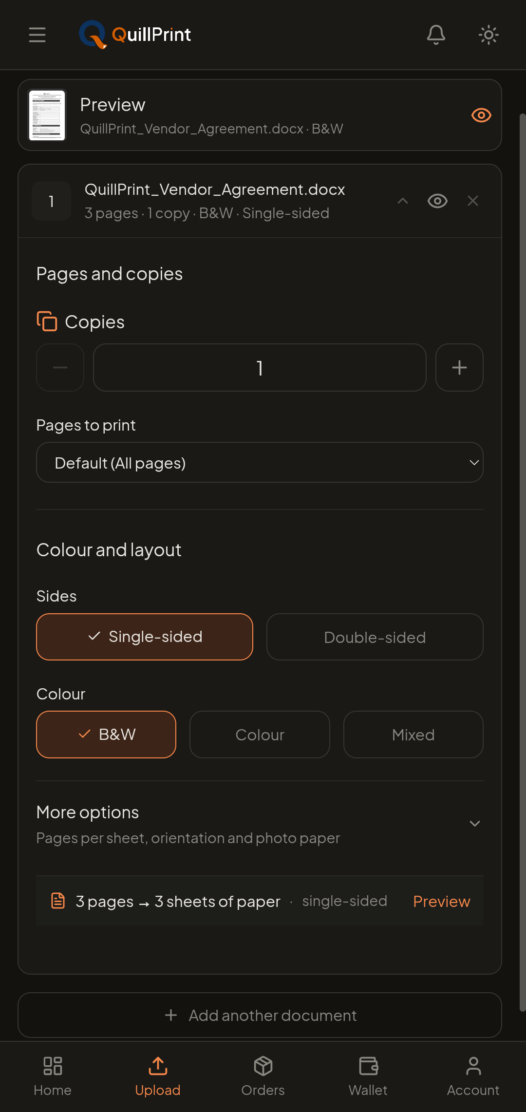QuillPrint Print settings screen